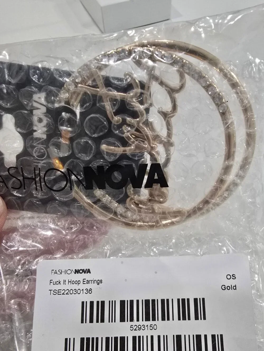Fashion Nova ✦ Gold “Fu*k It” Hoop Earrings ✦ Rhinestone Script Oversized Bold